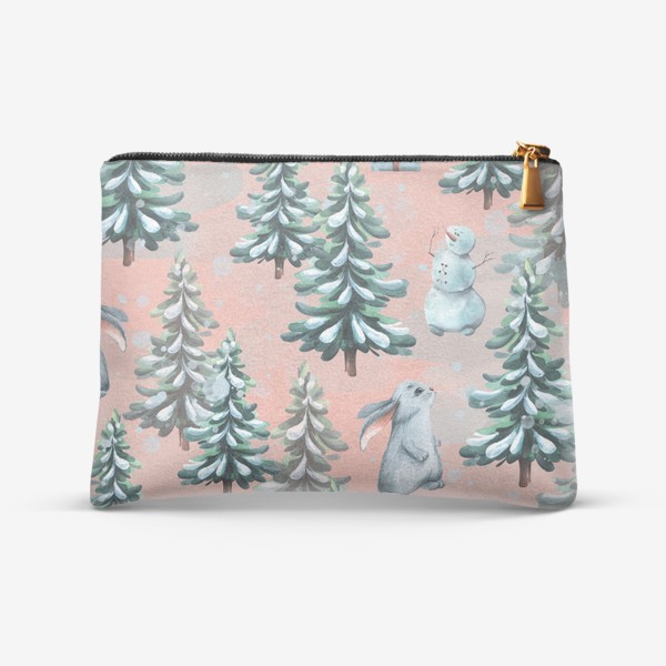 Косметичка «Зимний лес со снеговиками, кроликами и подарками. Акварельный паттерн.»
