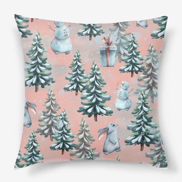 Подушка &laquo;Зимний лес со снеговиками, кроликами и подарками. Акварельный паттерн.&raquo;