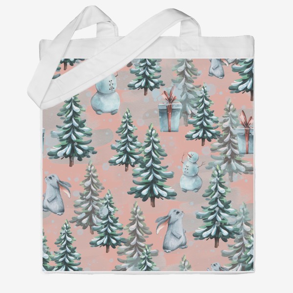 Сумка хб «Зимний лес со снеговиками, кроликами и подарками. Акварельный паттерн.»