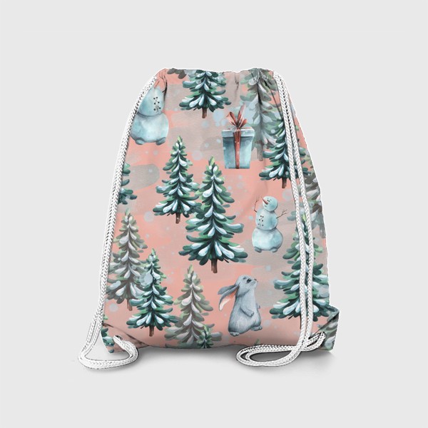 Рюкзак «Зимний лес со снеговиками, кроликами и подарками. Акварельный паттерн.»