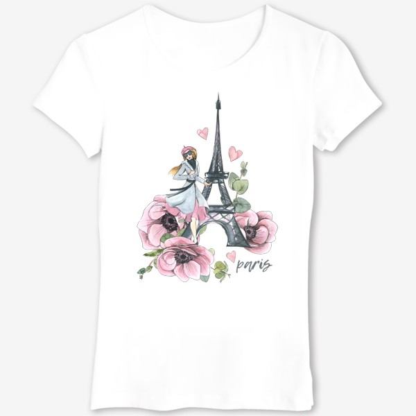 Футболка &laquo;Милая девушка парижанка с Эйфелевой башней и цветами. Париж. Акварель.&raquo;