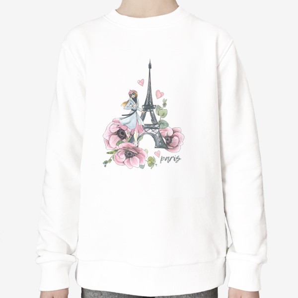 Свитшот «Милая девушка парижанка с Эйфелевой башней и цветами. Париж. Акварель.»