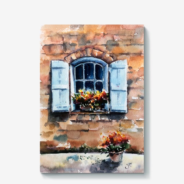 Холст «Акварель. Окно с цветами на каменной стене»