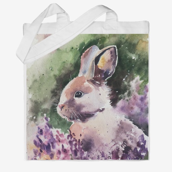 Сумка хб «Акварельный рисунок милый кролик/зайчик в цветах»