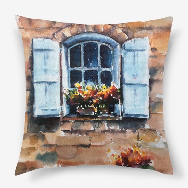 Подушка «Акварель. Окно с цветами на каменной стене»