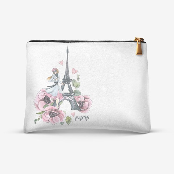 Косметичка «Милая девушка парижанка с Эйфелевой башней и цветами. Париж. Акварель.»