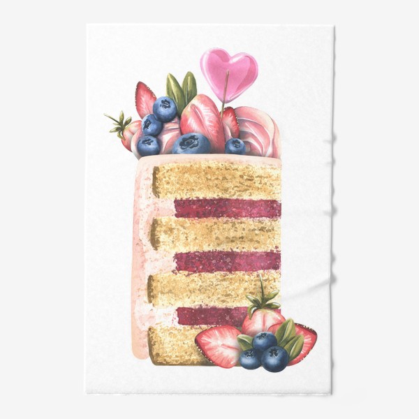 Полотенце «Кусочек торта с ягодами и конфетами. Акварель.»