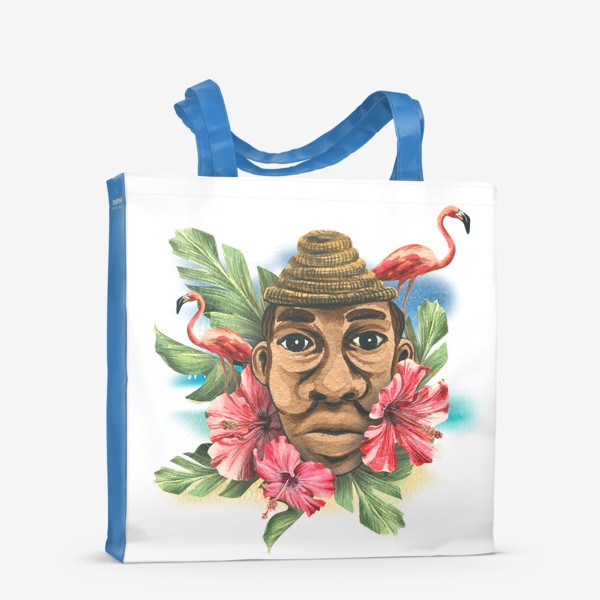 Сумка-шоппер «Тропический принт с фламинго и мужчиной кубинцем. Акварель.»