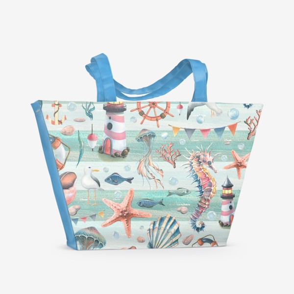 Пляжная сумка «Морские ракушки, кораблики, медузы, маяки. Акварель паттерн.»