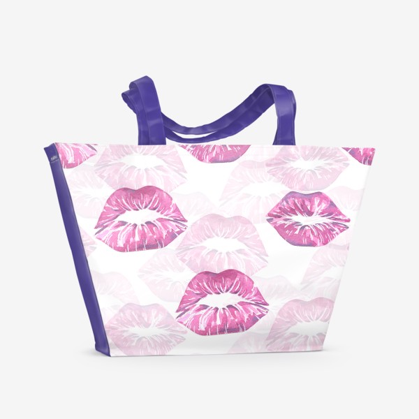 Пляжная сумка «Отпечатки губ, поцелуев, помады. Акварельный паттерн.»