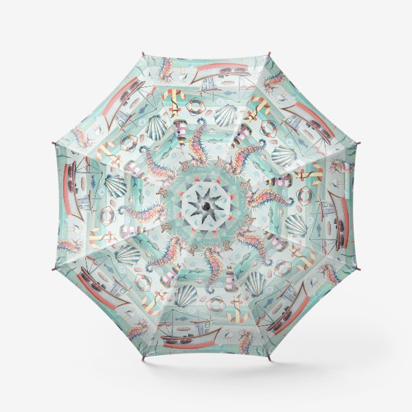 Зонт &laquo;Морские ракушки, кораблики, медузы, маяки. Акварель паттерн.&raquo;