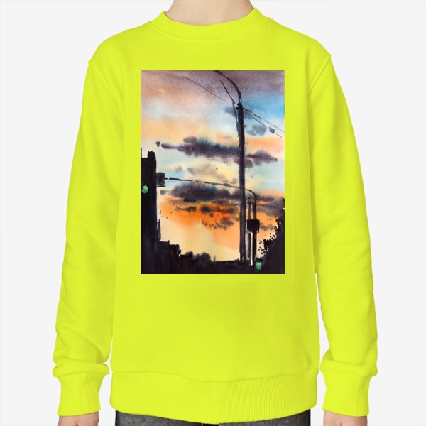 Свитшот «Акварельный скетч Силуэт города на фоне закатного неба. Сфетофоры»