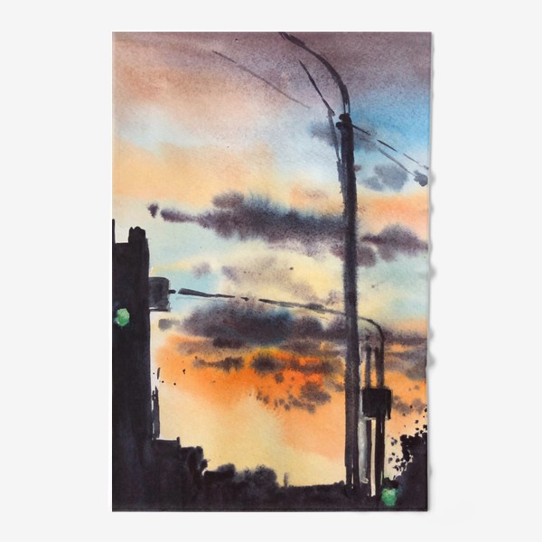 Полотенце «Акварельный скетч Силуэт города на фоне закатного неба. Сфетофоры»