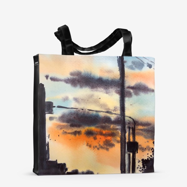 Сумка-шоппер «Акварельный скетч Силуэт города на фоне закатного неба. Сфетофоры»