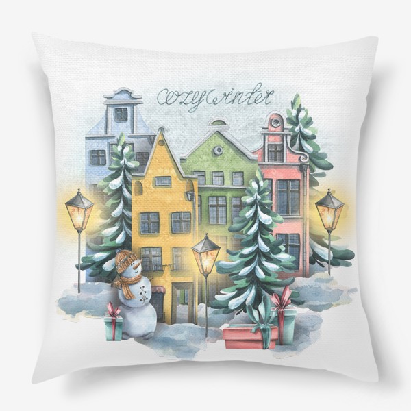 Подушка «Милые европейские домики. Зима в городе. Акварель.»