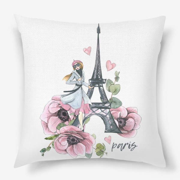 Подушка «Милая девушка парижанка с Эйфелевой башней и цветами. Париж. Акварель.»