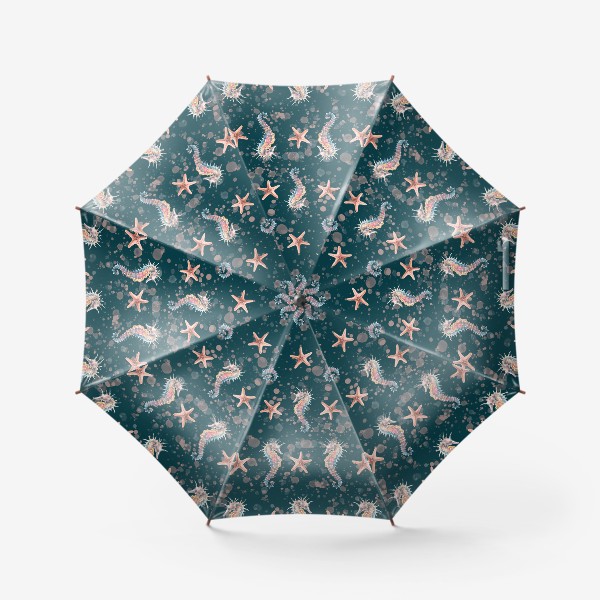 Зонт «Морские коньки и звезды с брызгами краски. Акварельный паттерн.»