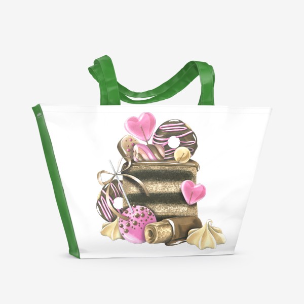 Пляжная сумка «Шоколадный торт, пирожные, конфеты. Акварель.»