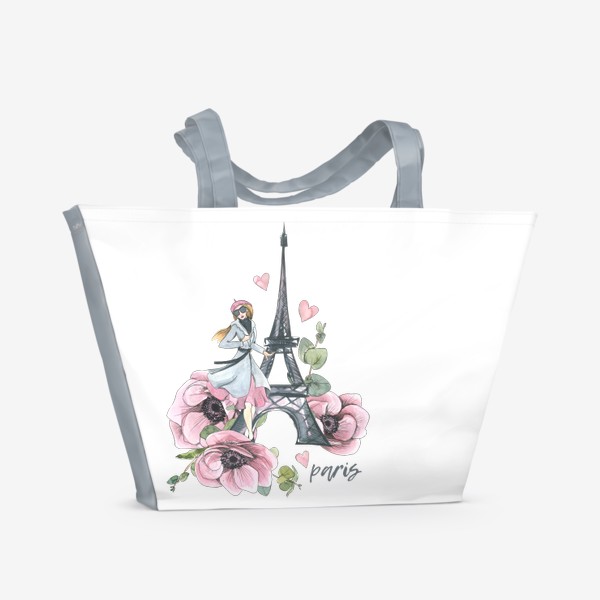 Пляжная сумка «Милая девушка парижанка с Эйфелевой башней и цветами. Париж. Акварель.»