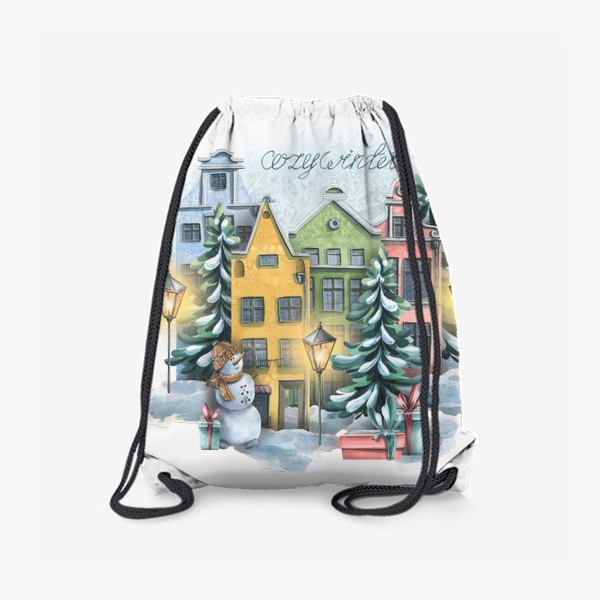 Рюкзак «Милые европейские домики. Зима в городе. Акварель.»