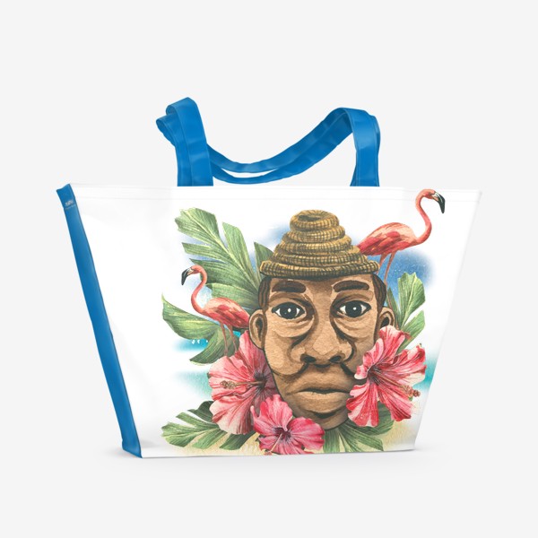 Пляжная сумка «Тропический принт с фламинго и мужчиной кубинцем. Акварель.»