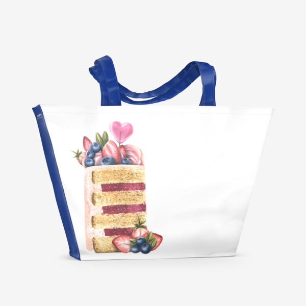 Пляжная сумка «Кусочек торта с ягодами и конфетами. Акварель.»