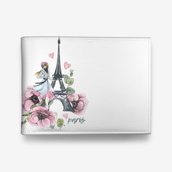 Кошелек «Милая девушка парижанка с Эйфелевой башней и цветами. Париж. Акварель.»