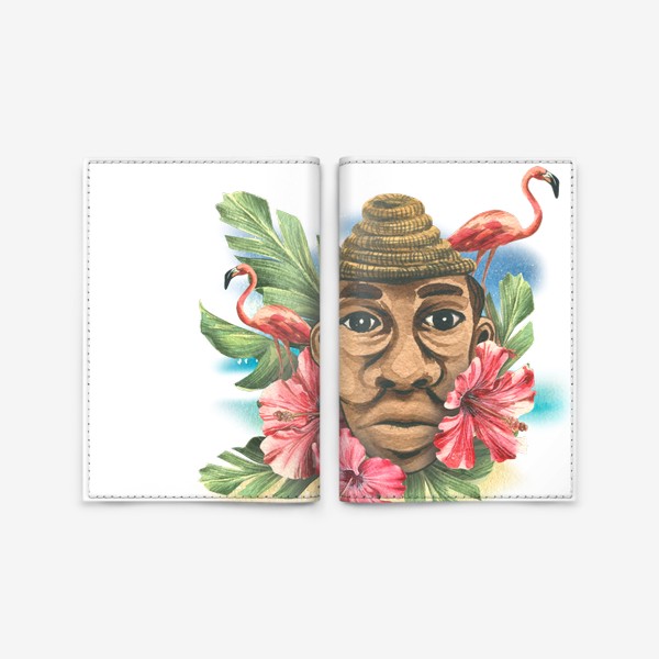 Обложка для паспорта «Тропический принт с фламинго и мужчиной кубинцем. Акварель.»
