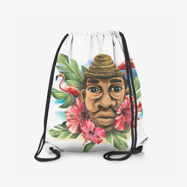 Рюкзак «Тропический принт с фламинго и мужчиной кубинцем. Акварель.»