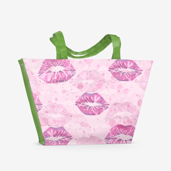 Пляжная сумка «Отпечатки губ, поцелуи. Акварельный, розовый паттерн.»