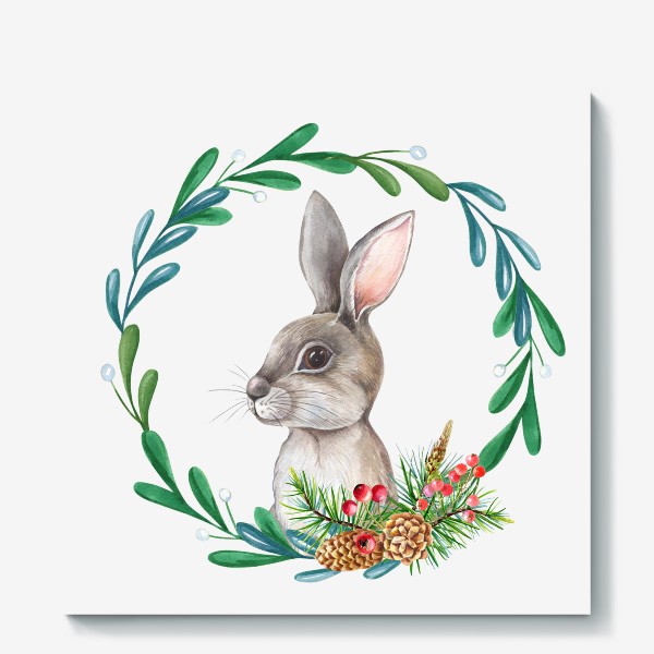 Холст «Новогодний заяц в рамке с листьями и шишками.»
