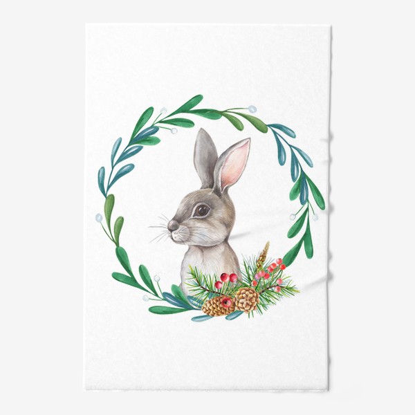 Полотенце «Новогодний заяц в рамке с листьями и шишками.»