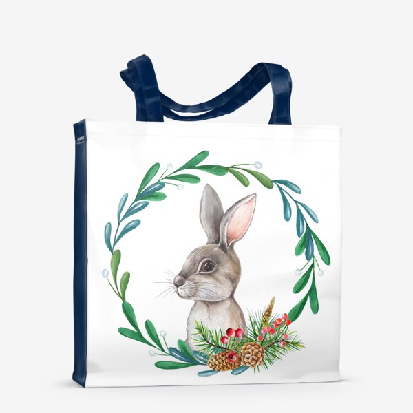 Сумка-шоппер &laquo;Новогодний заяц в рамке с листьями и шишками.&raquo;