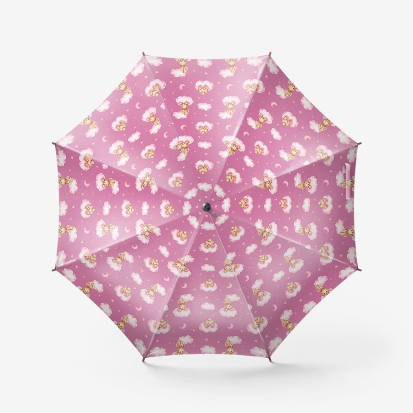 Зонт «Паттерн зайки на розовых облаках с луной и звездами на розовом фоне»