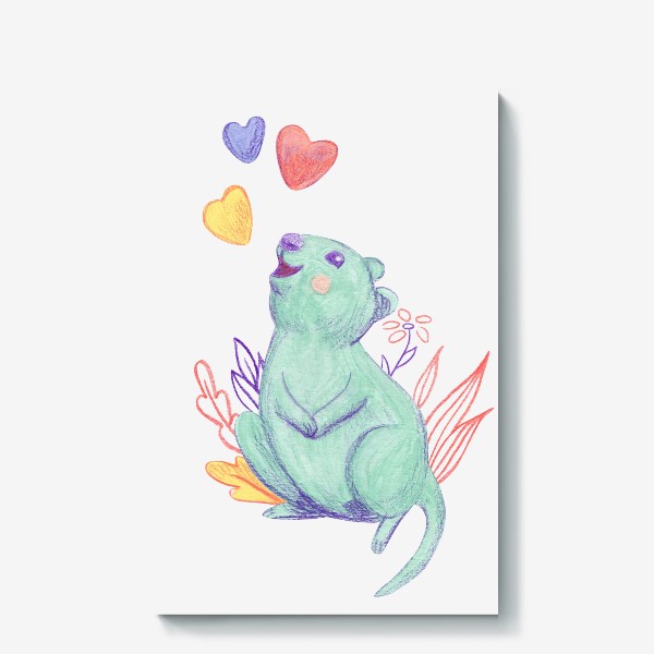Холст «Милая зеленая квокка с цветами и сердечками. Нарисованная вручную иллюстрация.  Самое улыбчивое животное в мире. »