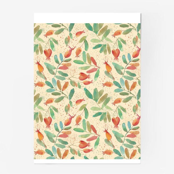 Постер «Паттерн акварель растительный узор с зелеными листьями и оранжевыми ягодами шиповника»