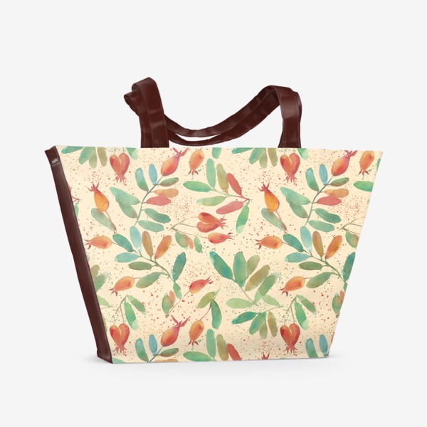 Пляжная сумка &laquo;Паттерн акварель растительный узор с зелеными листьями и оранжевыми ягодами шиповника&raquo;