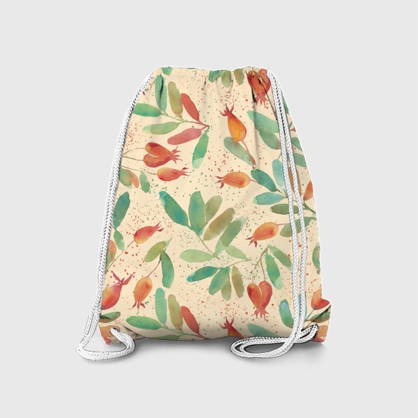 Рюкзак «Паттерн акварель растительный узор с зелеными листьями и оранжевыми ягодами шиповника»