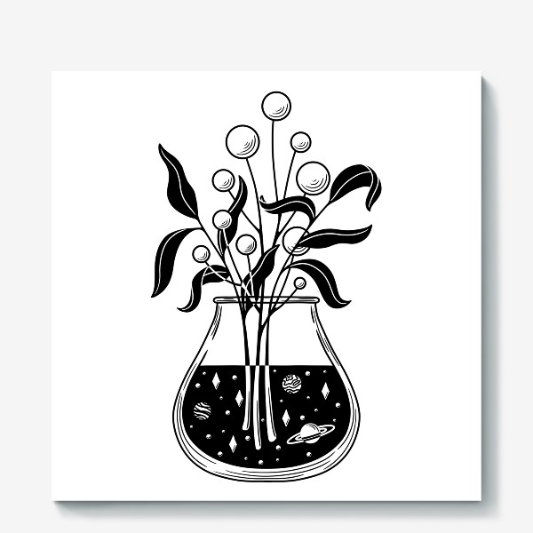 Холст «Космические цветы, листья и ваза»