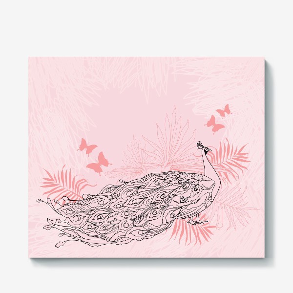 Холст «Иллюстрация с павлином и пальмовыми листьями в розовых цветах»