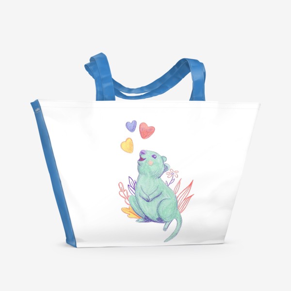 Пляжная сумка «Милая зеленая квокка с цветами и сердечками. Нарисованная вручную иллюстрация.  Самое улыбчивое животное в мире. »
