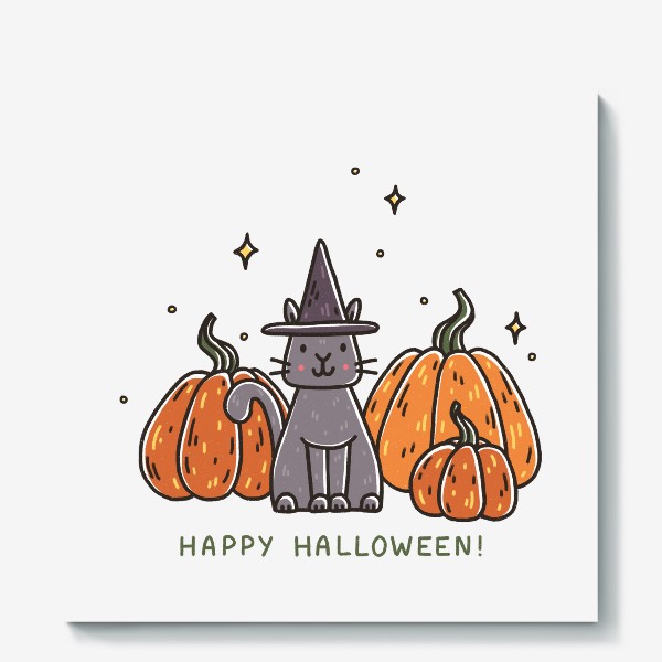 Холст «Милый кот в шляпе в тыквах. Happy Halloween! Осень»