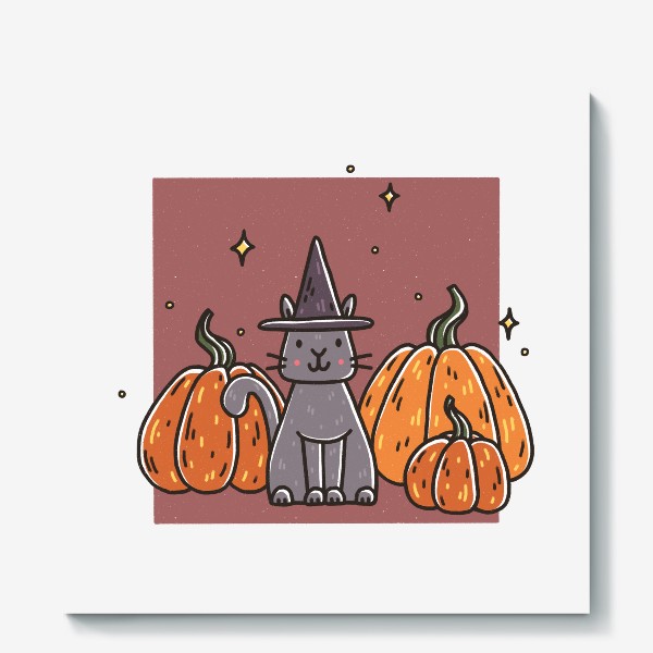 Холст «Милый кот в шляпе в тыквах. Хэллоуин. Осень»