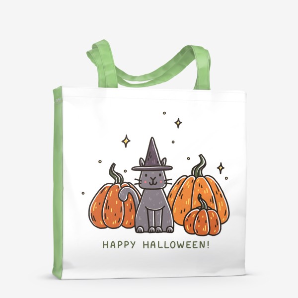 Сумка-шоппер «Милый кот в шляпе в тыквах. Happy Halloween! Осень»