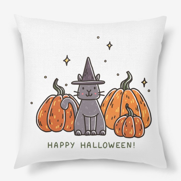 Подушка «Милый кот в шляпе в тыквах. Happy Halloween! Осень»