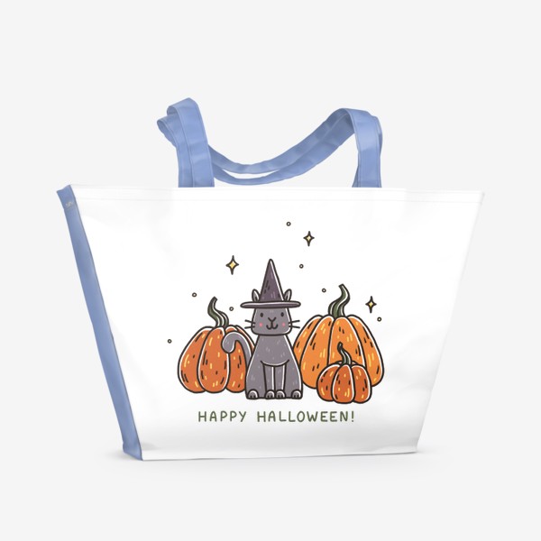 Пляжная сумка «Милый кот в шляпе в тыквах. Happy Halloween! Осень»