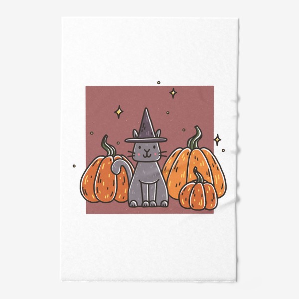 Полотенце «Милый кот в шляпе в тыквах. Хэллоуин. Осень»