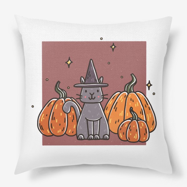 Подушка «Милый кот в шляпе в тыквах. Хэллоуин. Осень»