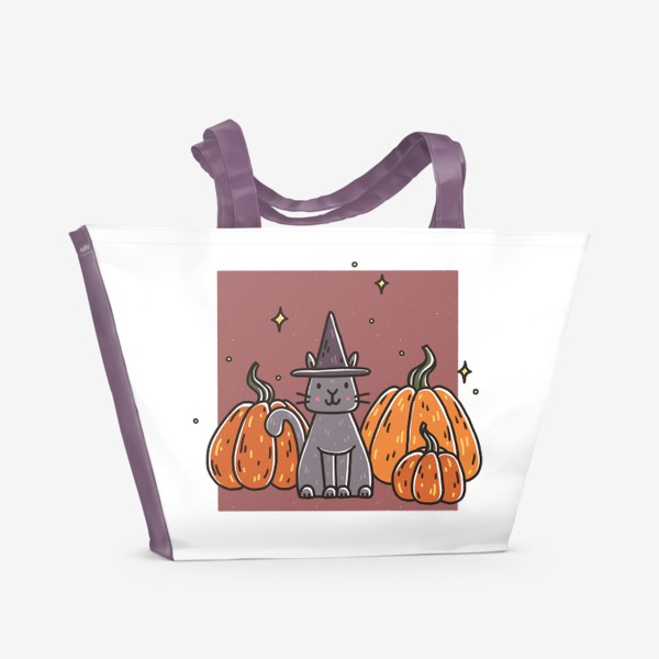 Пляжная сумка «Милый кот в шляпе в тыквах. Хэллоуин. Осень»