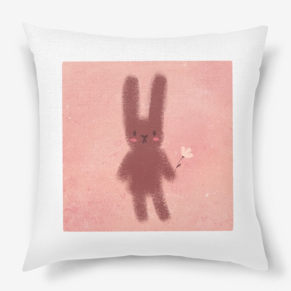Подушка «Милый пушистый зайчик с цветком на розовом фоне»